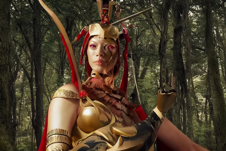 Image similar to vfx movie scene closeup nomad cyborg warrior viking geisha in a smoldering forest. by emmanuel lubezki