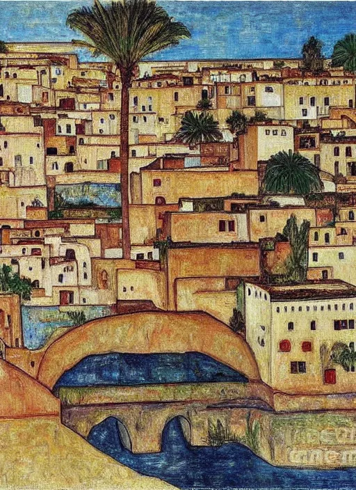Prompt: small city in morocco with a bridge on local river, ten number house near a lot of palm trees, painting by egon schiele