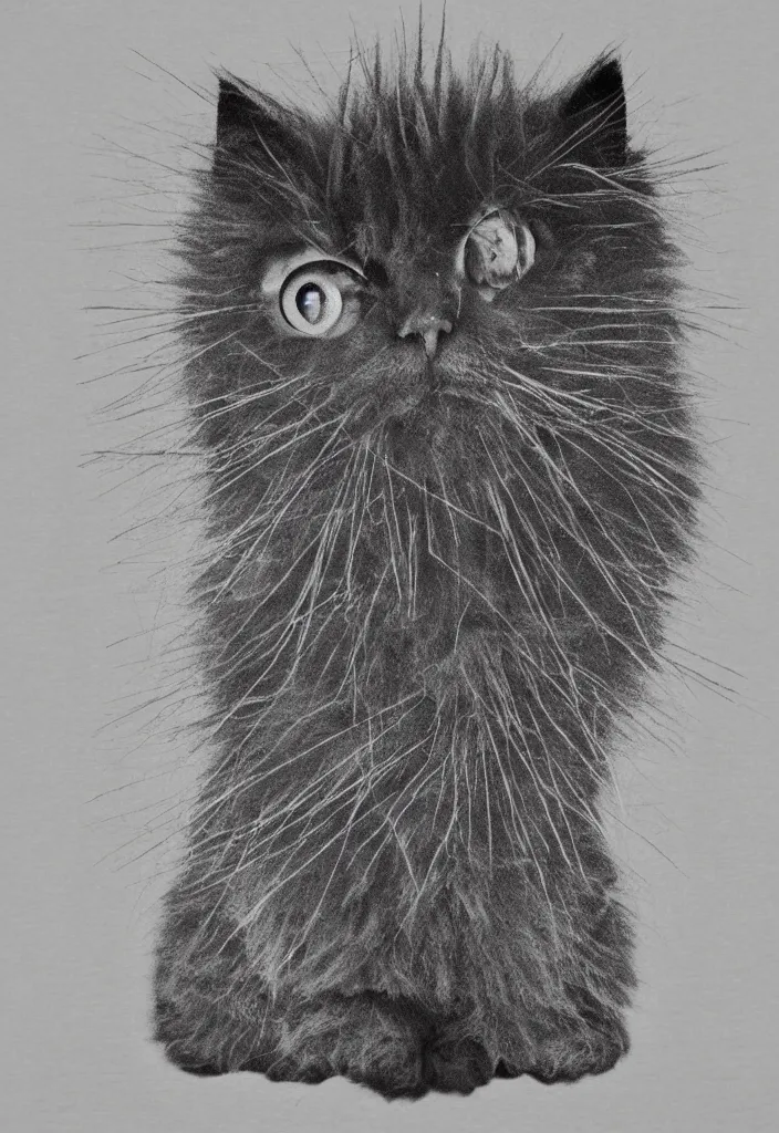 Prompt: fluffy cat t - shirt design, afro comb, by minimalist man ray, dark grisaille monochrome neon spraypaint, ironic surrealism