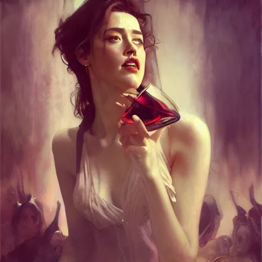 Image similar to hyperrealistic portrait of a woman as amber heard drinking wine in hell by jeremy mann and alphonse mucha, fantasy art, photo realistic, dynamic lighting, artstation, poster, volumetric lighting, very detailed faces, 4 k, award winning