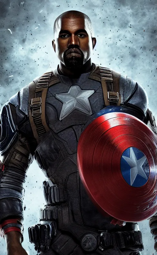 Image similar to Portrait of Kanye West as captain america in Gears of War, splash art, movie still, cinematic lighting, dramatic, octane render, long lens, shallow depth of field, bokeh, anamorphic lens flare, 8k, hyper detailed, 35mm film grain