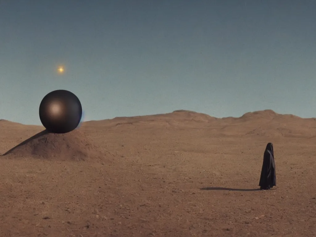 Prompt: glowing bene gesserit in full - face golden glowing mask in a black rocky desert landscape with a black sphere in the sky by christopher doyle and alejandro jodorowsky, anamorphic lens, kodakchrome, cinematic composition, very detailed photo, 8 k,