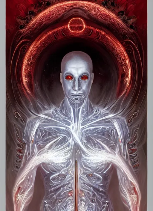 Image similar to cthonic resonance, red and white fractal glowing eyes, genetically augmented pale white young man wreathed in white gold flames, tracing the central nervous system throughout his body, fantasy, extremely detailed, digital painting, artstation, concept art, smooth, sharp focus, illustration, stunning lighting, art by artgerm and greg rutkowski and alphonse mucha and simon stalenhag, realistic character concept, high fantasy, dark atmosphere, golden ratio, cinematic lighting, hyperdetailed, high resolution, insanely detailed and intricate, artstation, Marc Simonetti, Greg Rutkowski, 8k