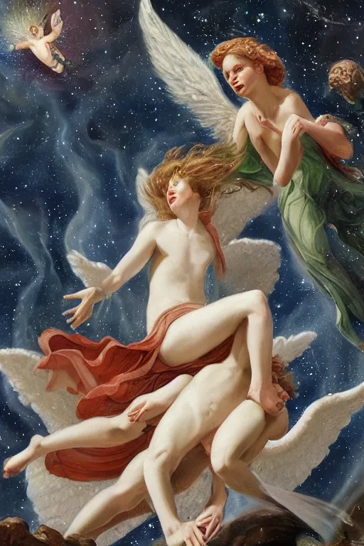 Image similar to angel falling to andromeda, very high resolution images, very fine details, looks very realistic, rennaissance style painting, drawn by yulia iosilzon, and simone graci, plus a touch from raden pious in the depth of color and emotion