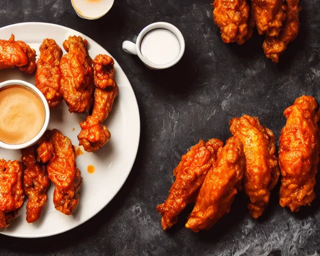 Prompt: A cup of coffee next to hot wings covered in a lot of cheese, Cinematic shot, 8k resolution