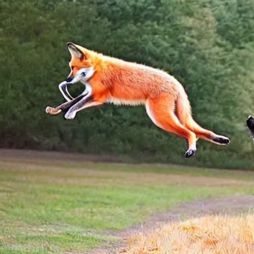 Image similar to fox jumping over a cute sleeping dog