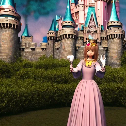 Image similar to a very detailed, ultra-realistic, pleasant, beautiful, funny, smooth 3D CG render, semirealistic anime style, close-up of a gorgeous, cute, gentle, noble priestess magician princess girl wearing dress and jewelry, in a glorious magic kingdom with castle and walls, relaxing calm vibes, fairytale, octane render