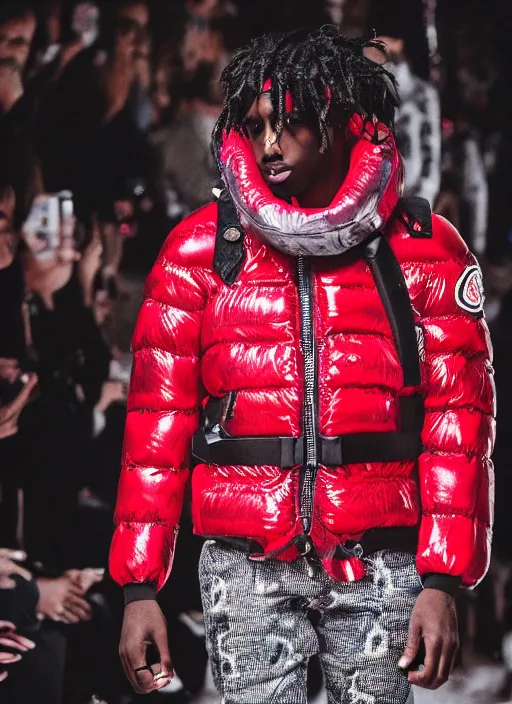 Image similar to hyperrealistic and heavy detailed moncler runway show of whole lotta red by playboi carti, leica sl 2 5 0 mm, vivid color, high quality, high textured, real life