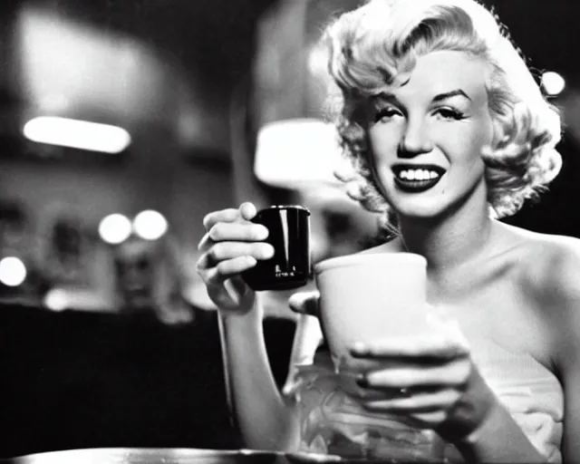 Image similar to A close-up, color cinema film still of a marlin monroe drinking coffee at a starbucks, ambient lighting at night.