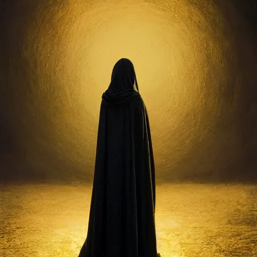 Image similar to a portrait of a young woman wearing a long dark cloak, hood and shadows covering face, holding golden chains, oil painting, matte painting, black background, Volumetric Golden dappled dynamic lighting, Highly Detailed, Cinematic Lighting, Unreal Engine, 8k, HD, by Beksinski