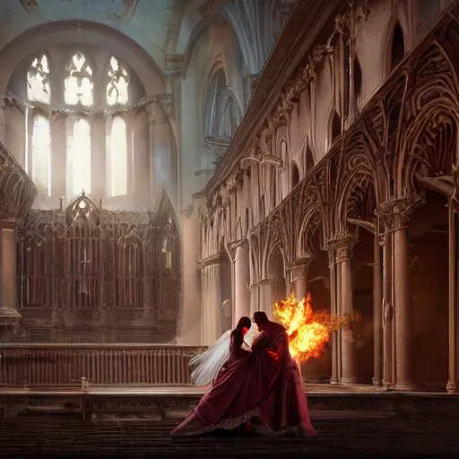 Prompt: an ultra detailed matte painting of a lesbian wedding between evil pyromancer and a red mage, unholy, white church background, detailed face, sharp focus, highly detailed, cinematic lighting, studio quality, colorful, smooth render, vector illustration, octane, rendered, by artgerm, greg rutkowski, alphonse mucha