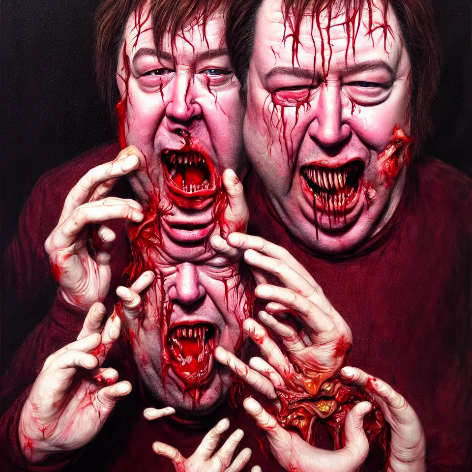 Prompt: weird and disturbing psychedelic bill hicks eating rotten flesh, laughing and puking blood, diffuse lighting, fantasy, intricate, elegant, highly detailed, lifelike, photorealistic, digital painting, artstation, illustration, concept art, smooth, sharp focus, art by francis bacon