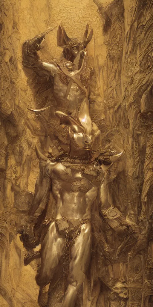 Prompt: Anubis, masterpiece by Edgar Maxence and Ross Tran and Michael Whelan, gustav dore, 8k, octane render