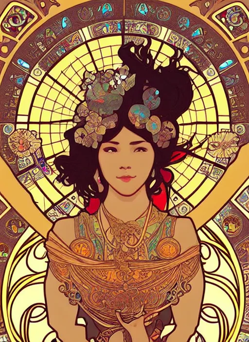 Image similar to wide angle shot inca calender stone carvings intricate elegant highly detailed centered digital painting artstation concept art, alphonse mucha, james jean