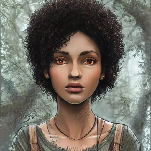 Prompt: A brown girl with black curly hair in a forest, highly detailed, artstation, 8k,
