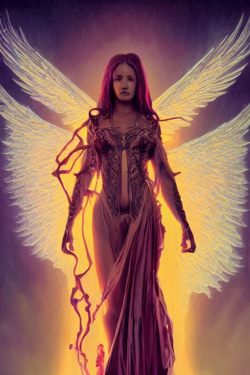 Prompt: beautiful female angel fused with poltergeist demon, legendary epic pose, few elegant silk robes with ornate pattern, portrait, intricate details, vicious appearance, by vincent di fate, artgerm, julie bell, beeple and Greg Rutkowski, 90s, concept, Smooth gradients, octane render, 8k, High contrast, duo tone, depth of field, very coherent symmetrical artwork