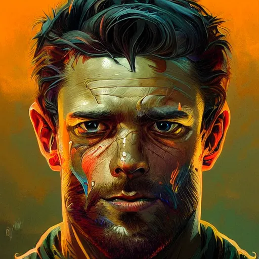 Image similar to Rugged soldier, handsome, colorful, surreal, dramatic lighting, face, upper body, detailed, intricate, elegant, highly detailed, digital painting, artstation, concept art, smooth, sharp focus, illustration, art by Sam Spratt, Dan Mumford, Artem Demura and Alphonse Mucha