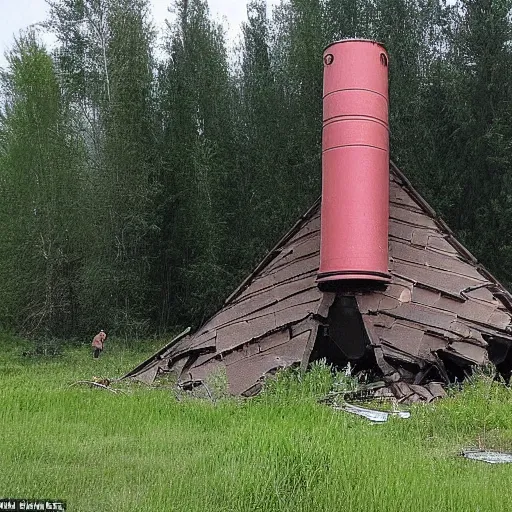 Prompt: a large funnel formed on the territory of an old village house in Russia as a result of a rocket hit where people gathered to photograph it