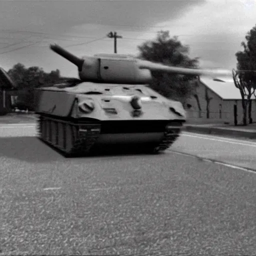 Image similar to cctv footage of a tank driving past a suburban neighbhoorhood, realistic, highly detailed, black and white, at night, taken on a security cctv camera, taken from the view of a house door.