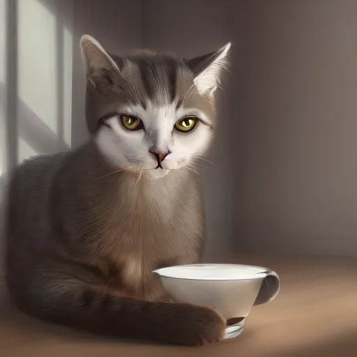 Image similar to cat drinking milk in a modern house concept art, sharp focus, digital art, Hyper-realistic, 4K, Unreal Engine, Highly Detailed, HD, Dramatic Lighting by Brom, trending on Artstation