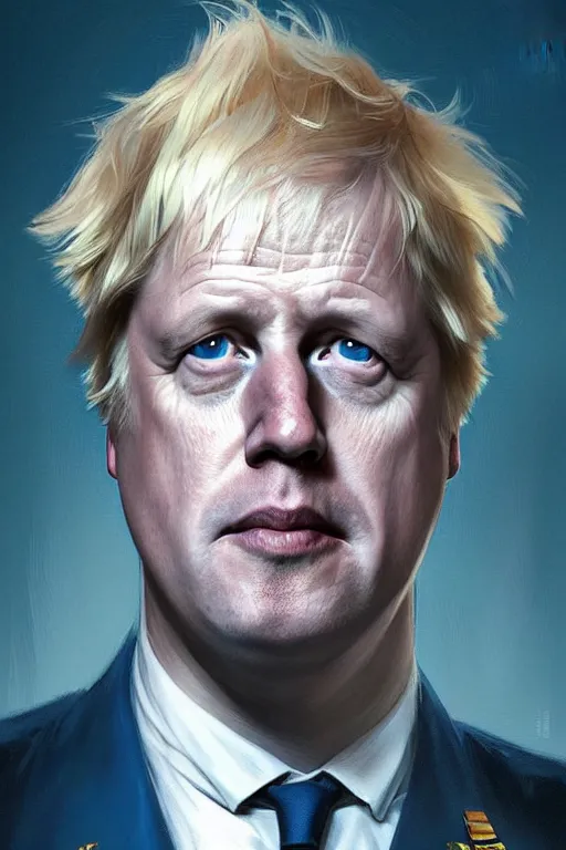 Image similar to Boris Johnson as a NATO commander, visible face, realistic portrait, gold and blue, highly detailed, digital painting, artstation, concept art, smooth, sharp focus, illustration, cinematic lighting, art by artgerm and greg rutkowski and alphonse mucha