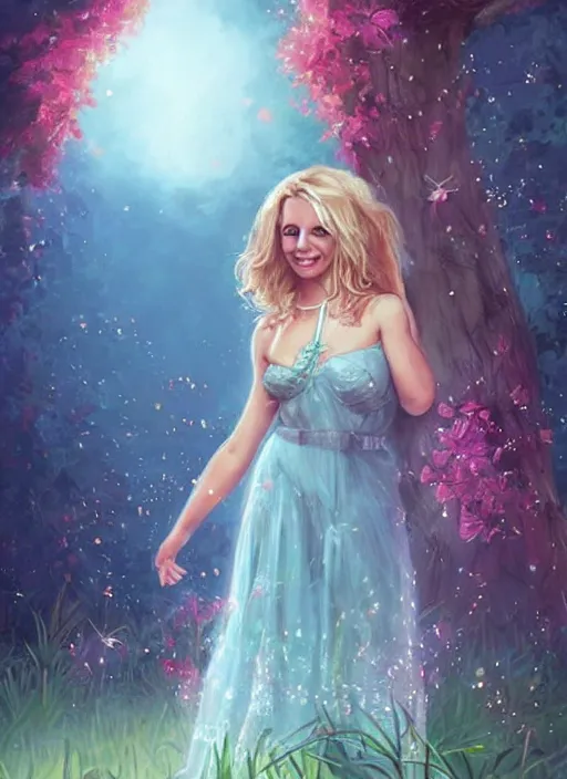 Image similar to britney spears with short curly brown hair with a happy expression wearing a summer dress dancing with fireflies, she is in the distance. beautiful fantasy art by Charlie Bowater.