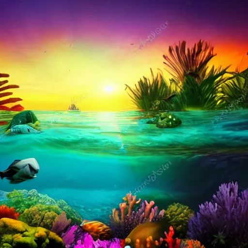 Prompt: vibrant glowing underwater landscape with beautiful creatures and plants, 3d render