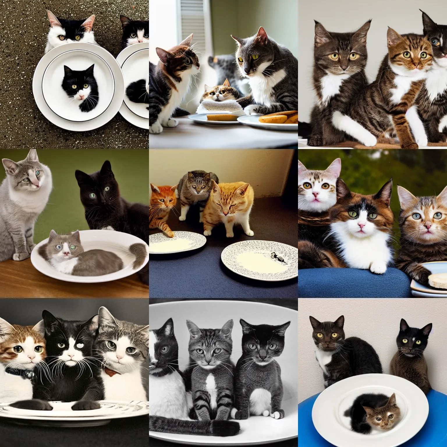 Prompt: photo of three cats, each one holding a plate