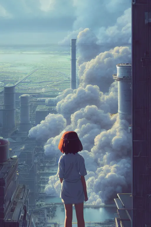 Prompt: a highly detailed matte painting of a girl watching nuclear power plant fire by studio ghibli, makoto shinkai, by artgerm, by wlop, by greg rutkowski, volumetric lighting, octane render, 4 k resolution, trending on artstation, masterpiece