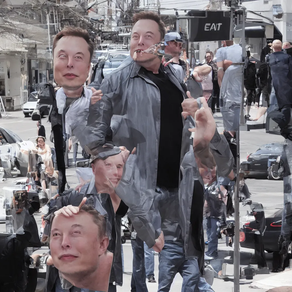 Image similar to elon musk with a giant head, street photo. 4k