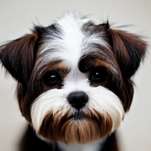 Prompt: A photo of a shih tzu with short-length hair, black and white fur and brown eyes
