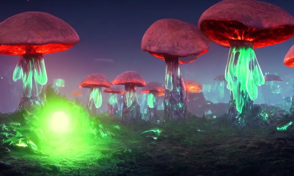 Prompt: large bioluminescent mushrooms on an alien landscape with glowing spores, atmospheric lighting, unreal engine 5, uhd wallpaper 4k