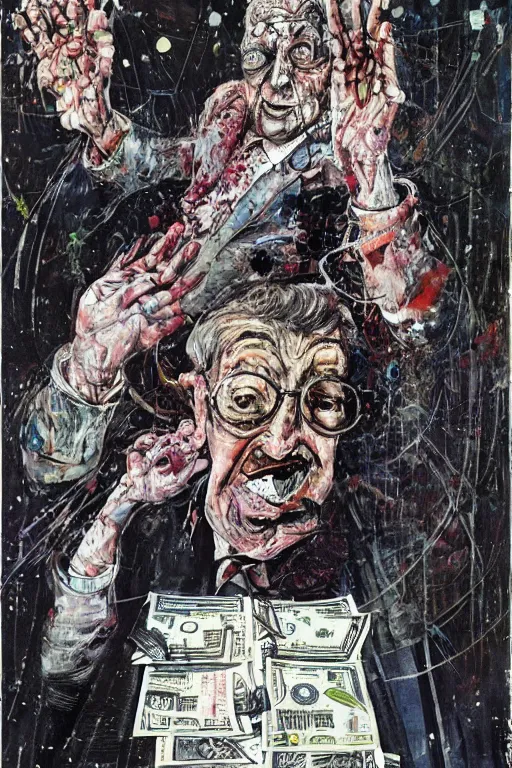 Image similar to George Soros full body shot, dollar bills Body horror, biopunk, by Ralph Steadman, Francis Bacon, Hunter S Thompson