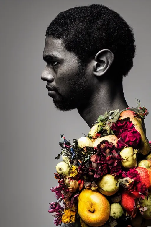 Image similar to a black young man's face in profile, no beard, made of flowers and fruit, in the style of the Dutch masters and Alec Soth, dark and moody