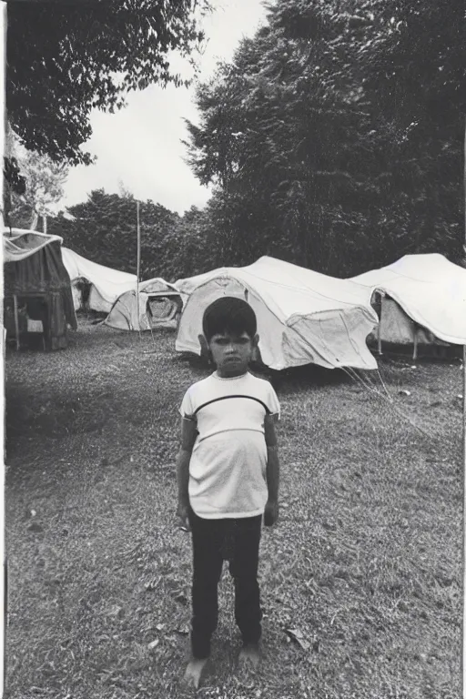 Prompt: photo polaroid of a sad and lonely child stands in the middle many tents of field hospitals, pandemic, covid,loneliness, black and white ,photorealistic, 35mm film,