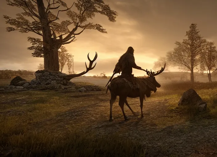 Prompt: a viking riding a moose walks through the ruins of a viking village, horror, dramatic lighting, dawn, by caspar david friedrich, unreal engine 5