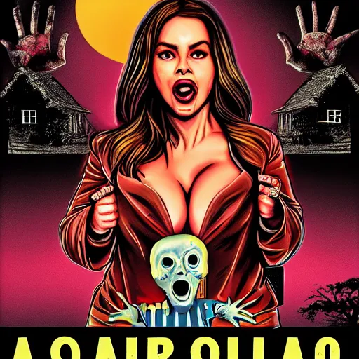 Prompt: a horror movie poster, staring Sofía Vergara screaming, neighborhood themed, synthwave, cyberwave, by Sam Werczler and Matthew Skiff