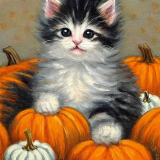 Image similar to a cute fluffy kitten amidst piles of pumpkins. halloween autumn fall art. beautiful painting by henriette ronner - knip