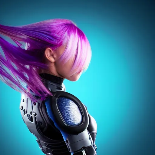 Image similar to a award winning action upper body portrait of a beautiful woman with a ombre purple pink hairstyle with head in motion and hair flying while wearing futuristic navy blue bodyarmor and pauldrons, outrun, vaporware, highly detailed, fine detail, intricate