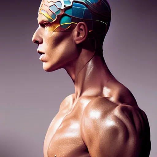 Image similar to an holographic athletic beautiful male space king, photographed by erwin olaf