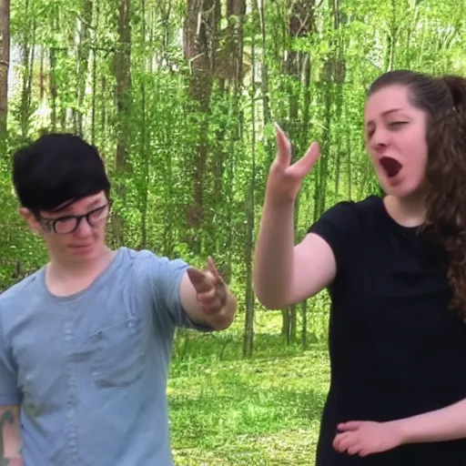 Prompt: a non - binary person flipping off a fundamentalist, iphone video still