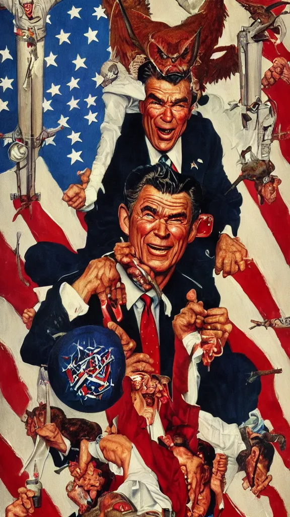 Image similar to satanic ronald regan, painting in the style of norman rockwell, 1 9 5 0 s, evil, satan, devil, demonic, demon, hyperrealistic, photorealistic, award - winning, 4 k, ultra hd, artstation, intricate, highly detailed, patriotic, american, usa, dark, gritty