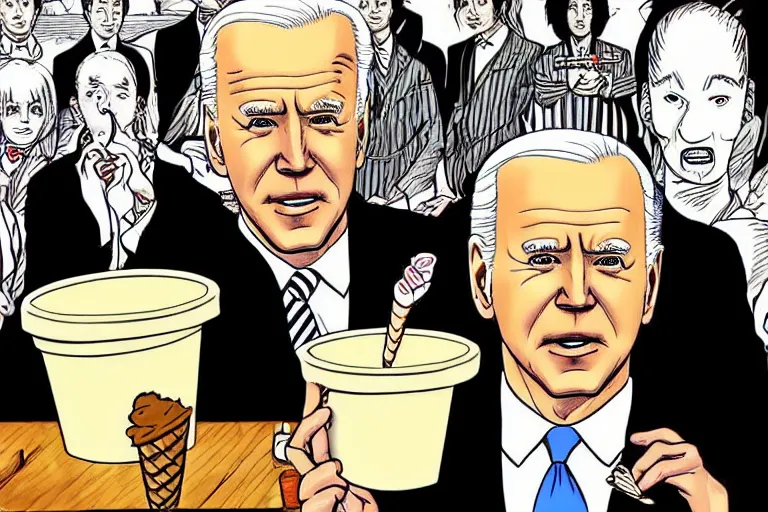 Prompt: Joe Biden will eat your ice cream and eat you if you are bad, Junji Ito