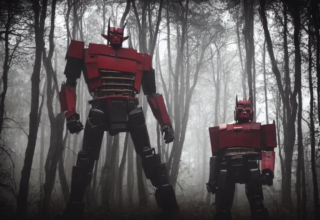 Image similar to low quality iphone photo of g 1 optimus prime standing ominously deep in the foggy woods with a demonic smile in his face, low visibility creepy, grainy, trail cam footage