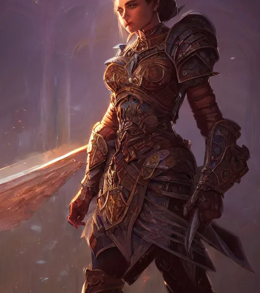 Image similar to battlemage, full armor, full body portrait, gentle, female, city landscape, d & d, fantasy, intricate, elegant, highly detailed, digital painting, red gold color palette, artstation, octane render, concept art, matte, sharp focus, illustration, hearthstone, art by artgerm and greg rutkowski and alphonse mucha