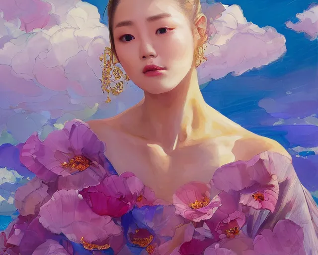 Prompt: lee jin - eun in elegant chic interstellar lush dress emerging from gold gold by martine johanna, michael garmash and katsuhiro otomo, rule of thirds, seductive look, beautiful, cotton candy clouds, puyallup berteronian, himalayan poppy flowers, gorgeous, face anatomy, masterpiece