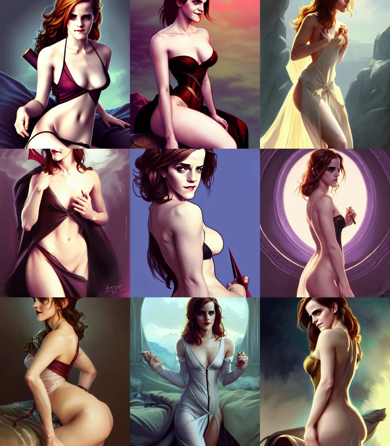Prompt: rogue Emma Watson in the negligee in bed, hourglass slim figure, attractive features, dungeons and dragons portrait, seductive smile, highly detailed, digital painting, artstation, concept art, sharp focus, illustration, art by artgerm and greg rutkowski and alphonse mucha