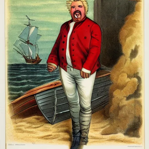 Prompt: guy fieri as a shipwreck survivor, 1 8 0 0 s color engraving by paul revere