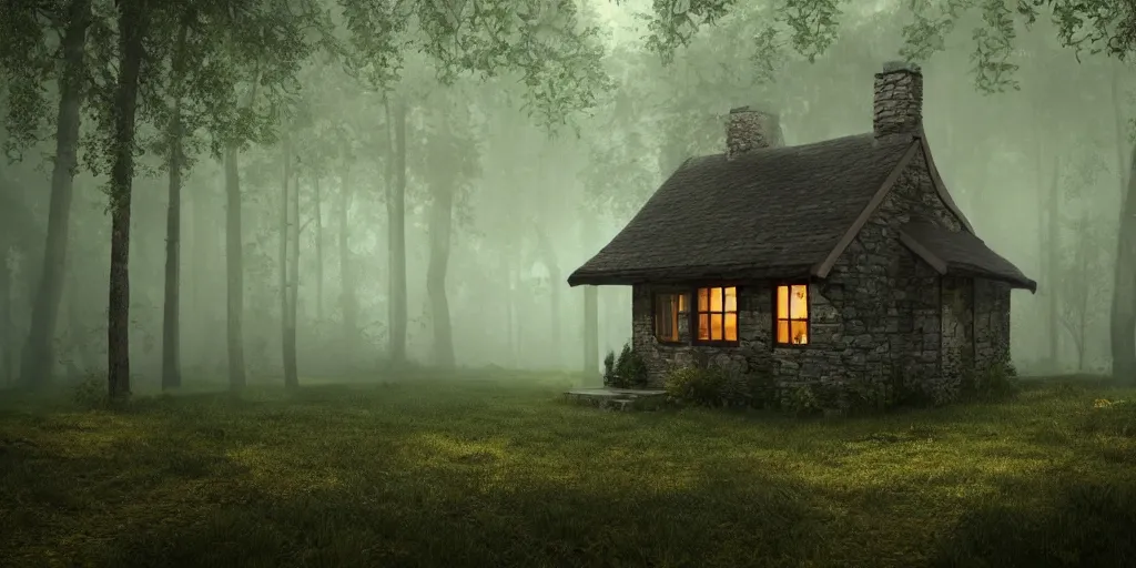 Image similar to solitary cottage in the woods and empty woods, 8k, fantasy, hyper realistic, atmospheric lighting