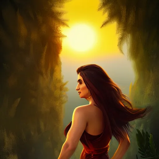 Image similar to kareena kapoor in sunset, by etienne hebinger, cgsociety, fantasy art, 2 d game art